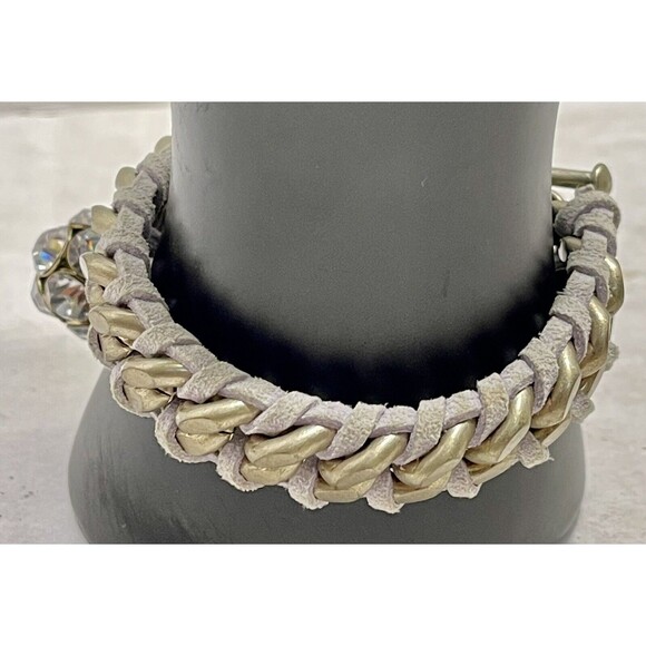 Gray Braided Leather Stainless Steel Cuban Chain Women’s Charm Love Bracelet - Picture 5 of 8